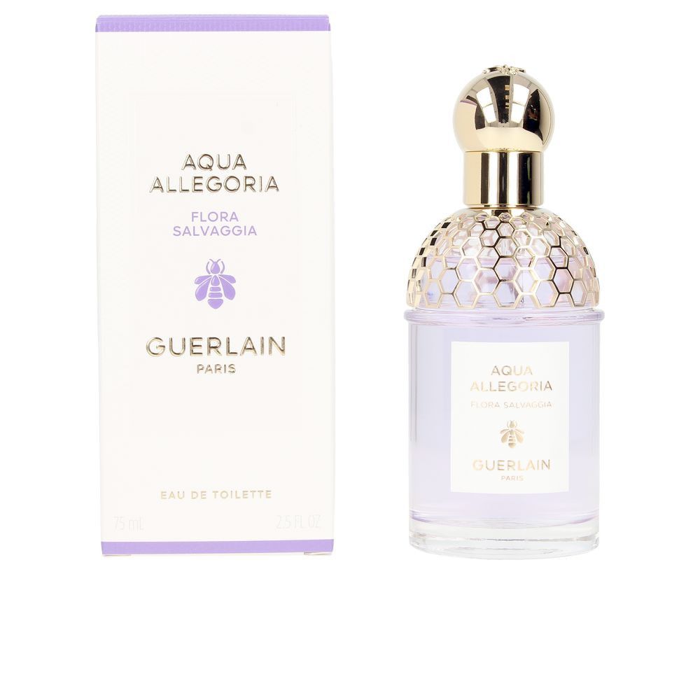 Flacon et emballage Guerlain Flora Salvaggia. Bouchon doré, boîte blanche avec logo. Eau de Toilette.