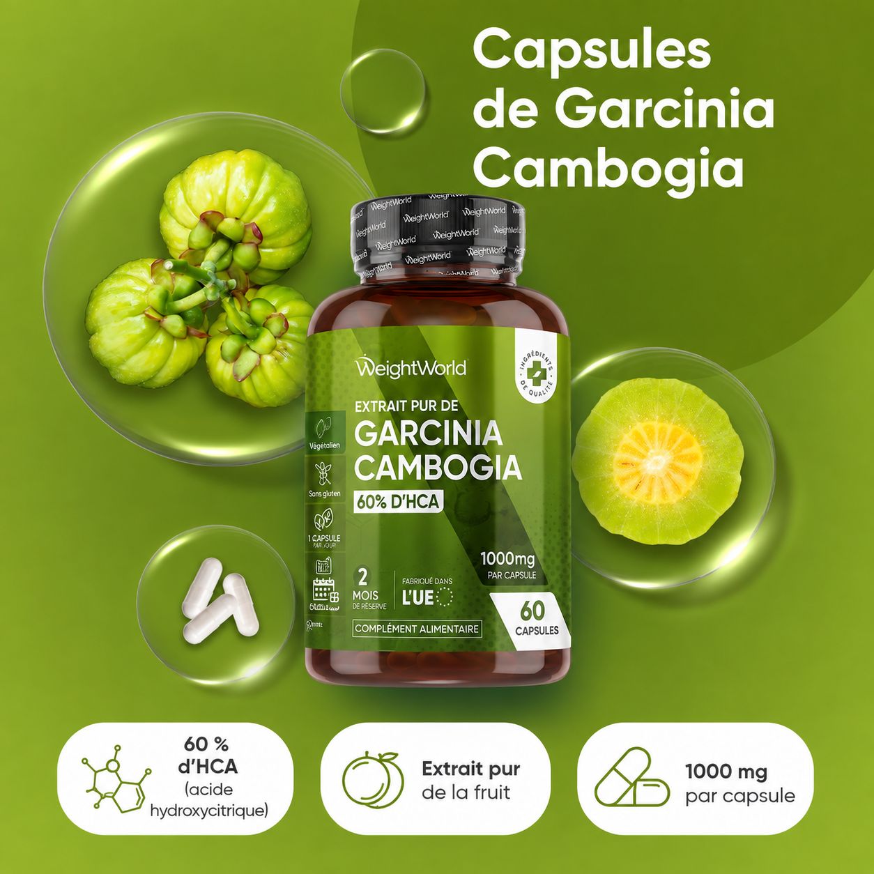 WeightWorld Garcinia Cambogia : flacon, 1000mg, 60 gélules, vegan, sans gluten, UE.