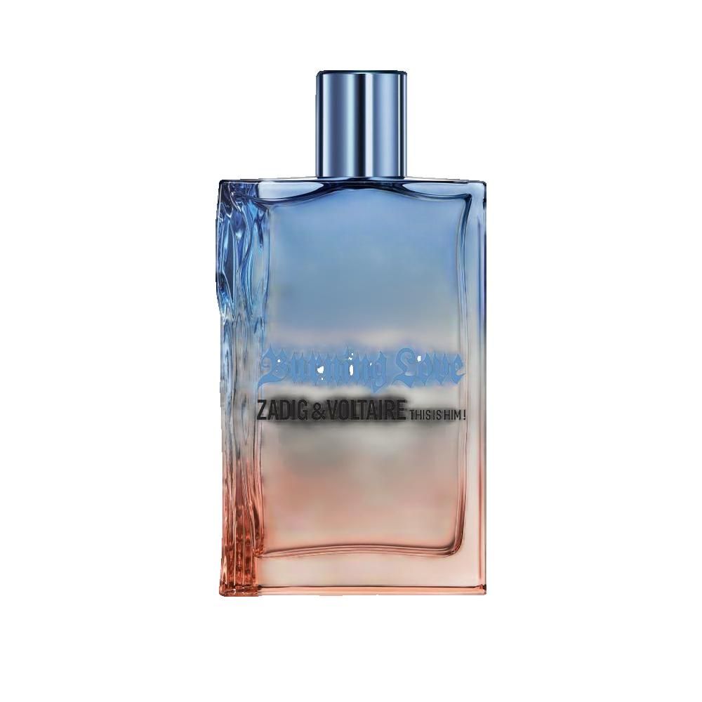 Parfumfles met blauw-oranje kleurovergang. Opschrift: Zadig & Voltaire This Is Him! Burning Love.