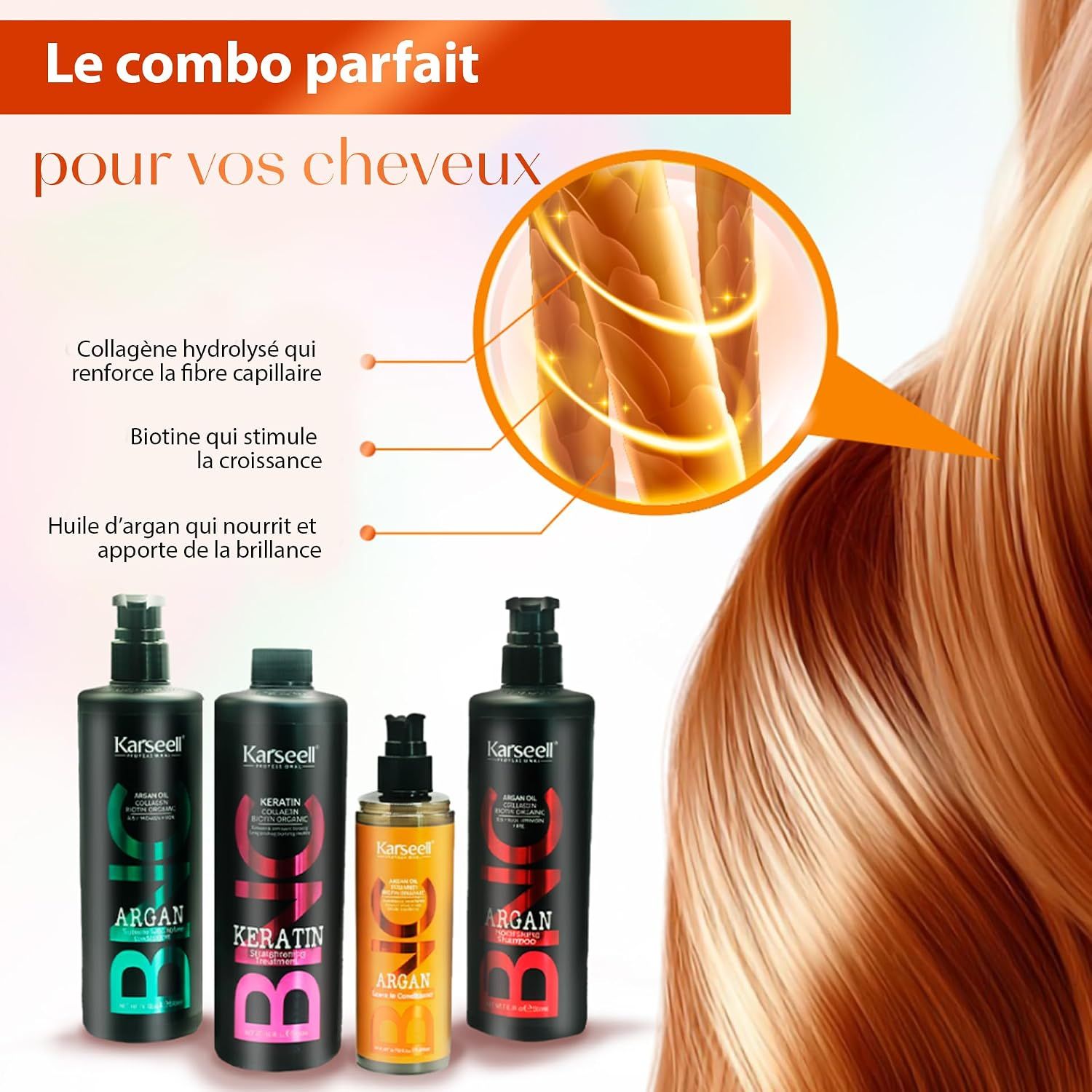 Quatre bouteilles et un petit flacon de produits capillaires, dont huile d'argan et kératine.