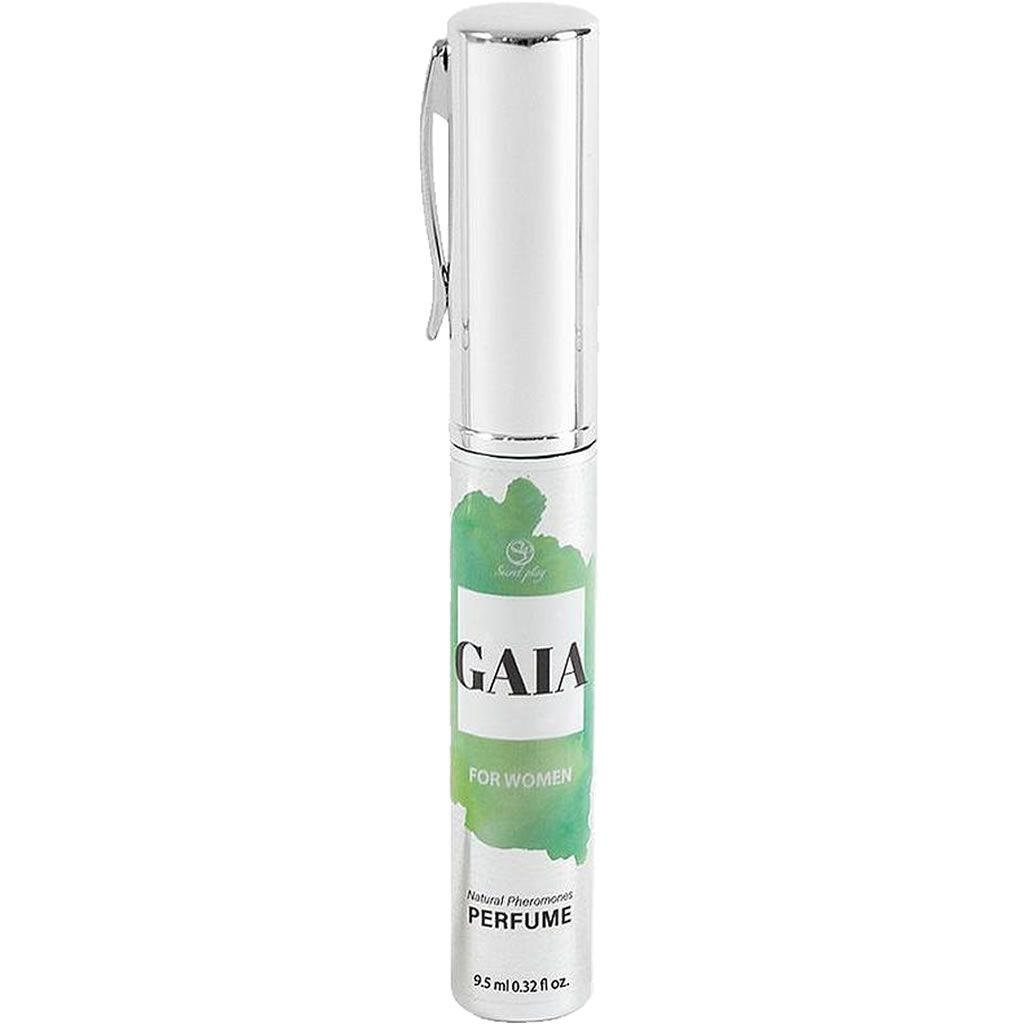 Cilindrische fles met zilveren dop en clip. Opschrift "GAIA FOR WOMEN PERFUME". Groen aquarel ontwerp.
