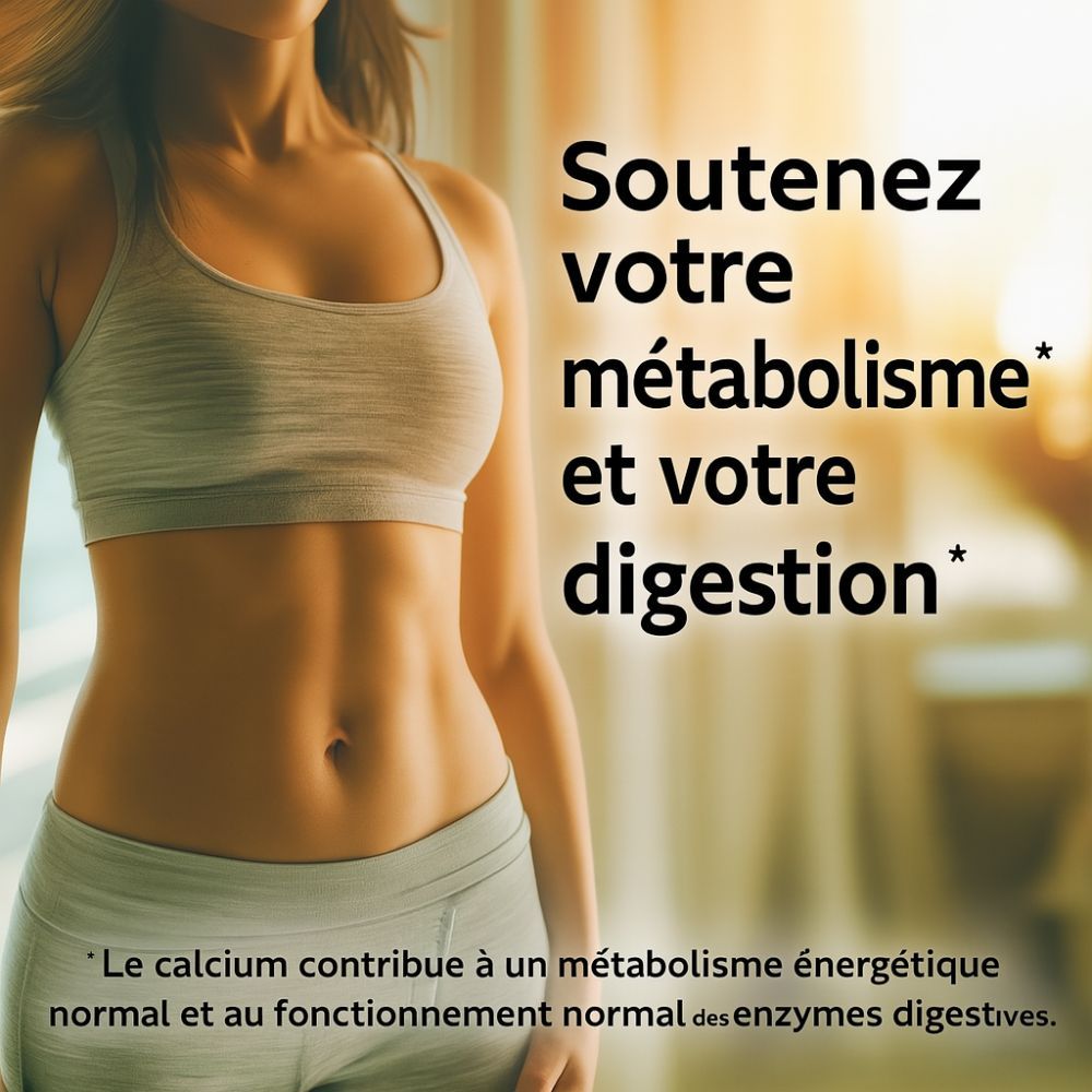 Femme avec ventre plat. Texte : Soutenez votre métabolisme et votre digestion. Tenue de sport grise.