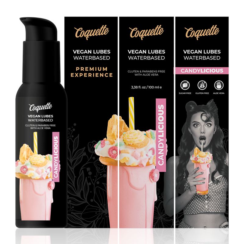 Flacon noir et emballage. Inscription: Coquette, Vegan Lubes Waterbased, Candilicious. Illustration d'un milkshake et d'une femme.