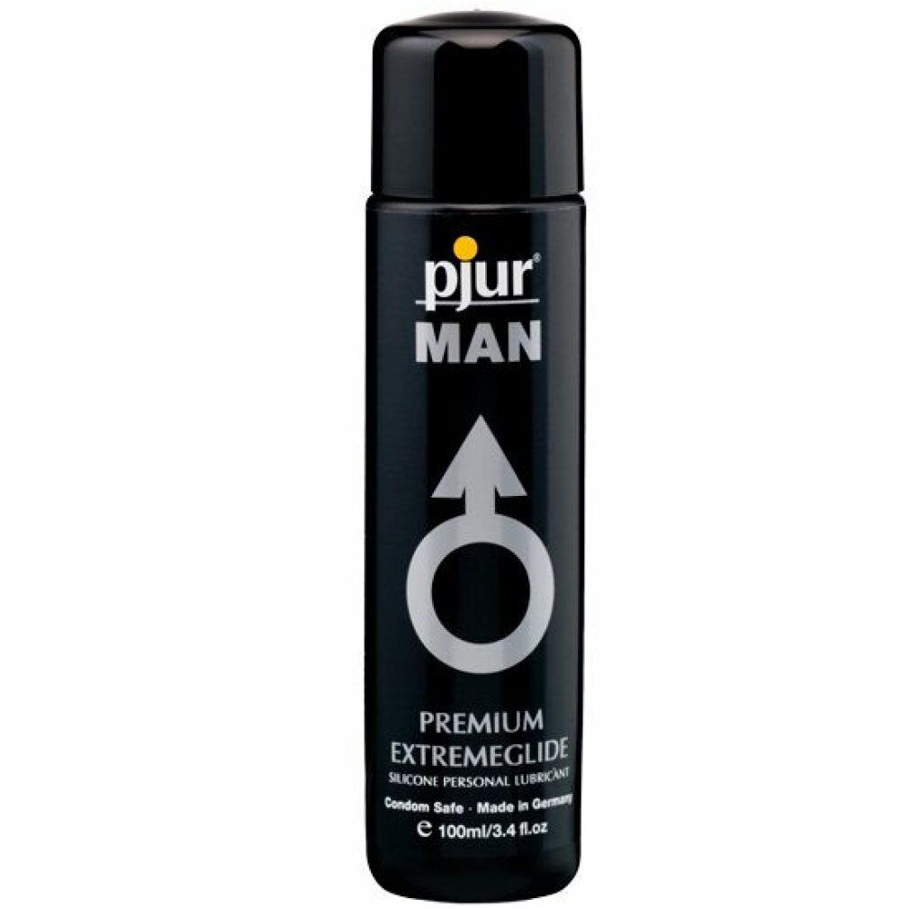 Zwarte fles met geel logo. Productnaam: pjur MAN Extreme Glide. Mannelijkheidssymbool. Siliconenbasis.