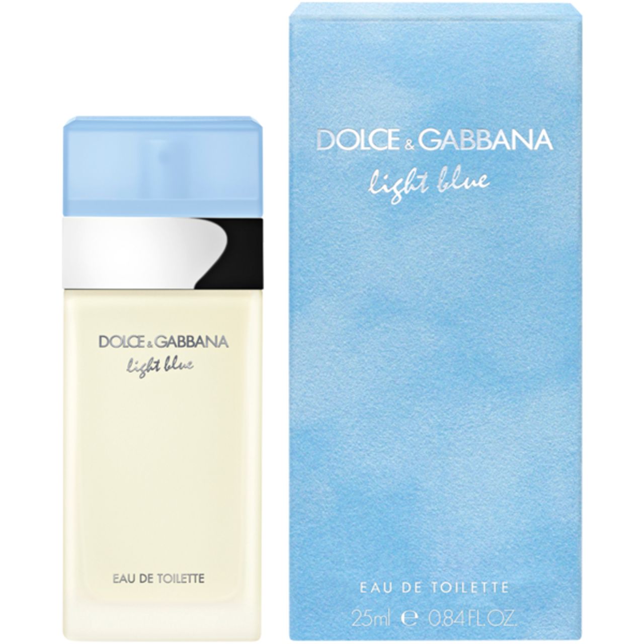Dolce & Gabbana Light Blue E.d.T. Nat. Spray. Flacon et emballage. Flacon bleu clair et boîte bleu clair.