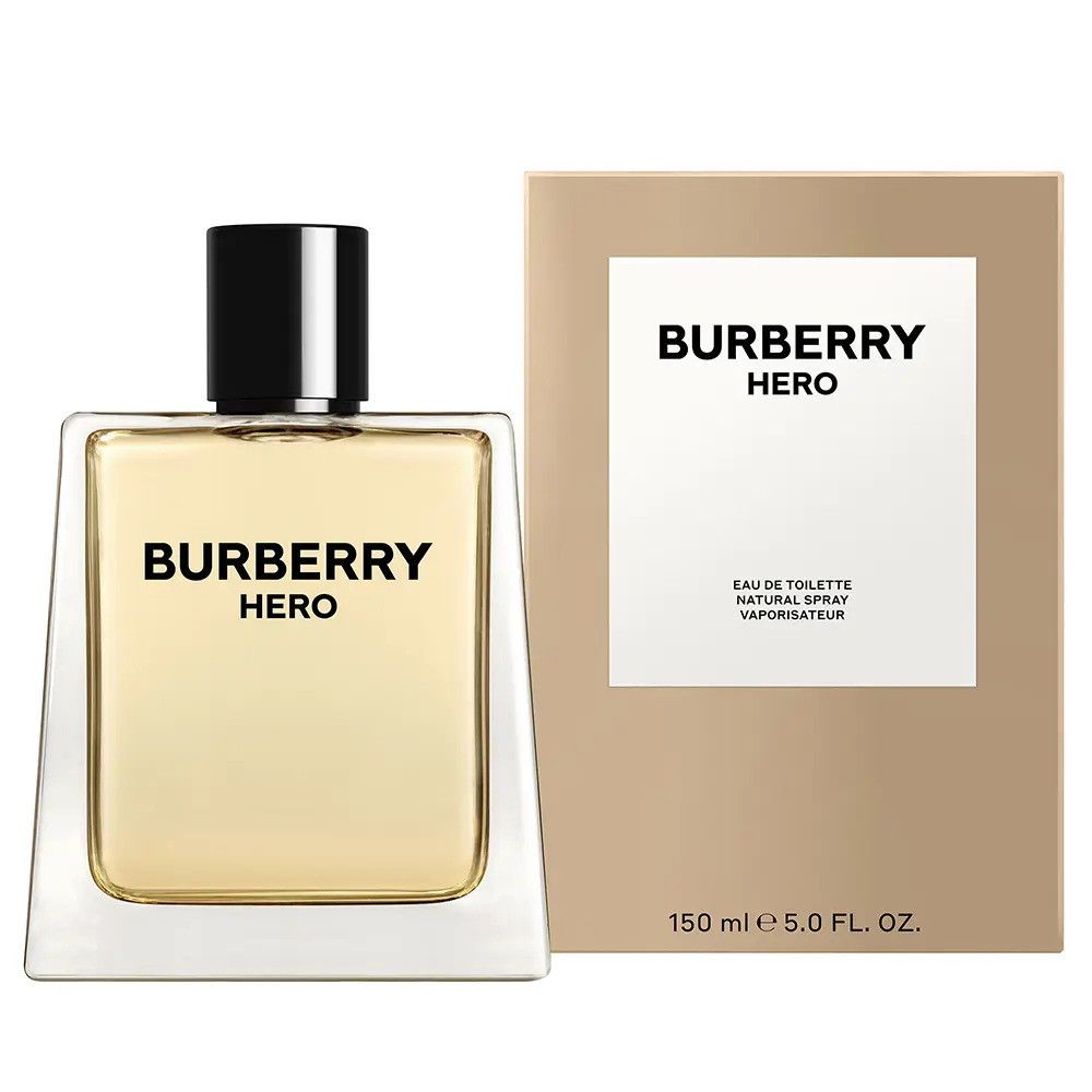 Burberry Hero Eau de Toilette. Flacon rectangulaire, bouchon noir et boîte. Inscription: Burberry Hero.