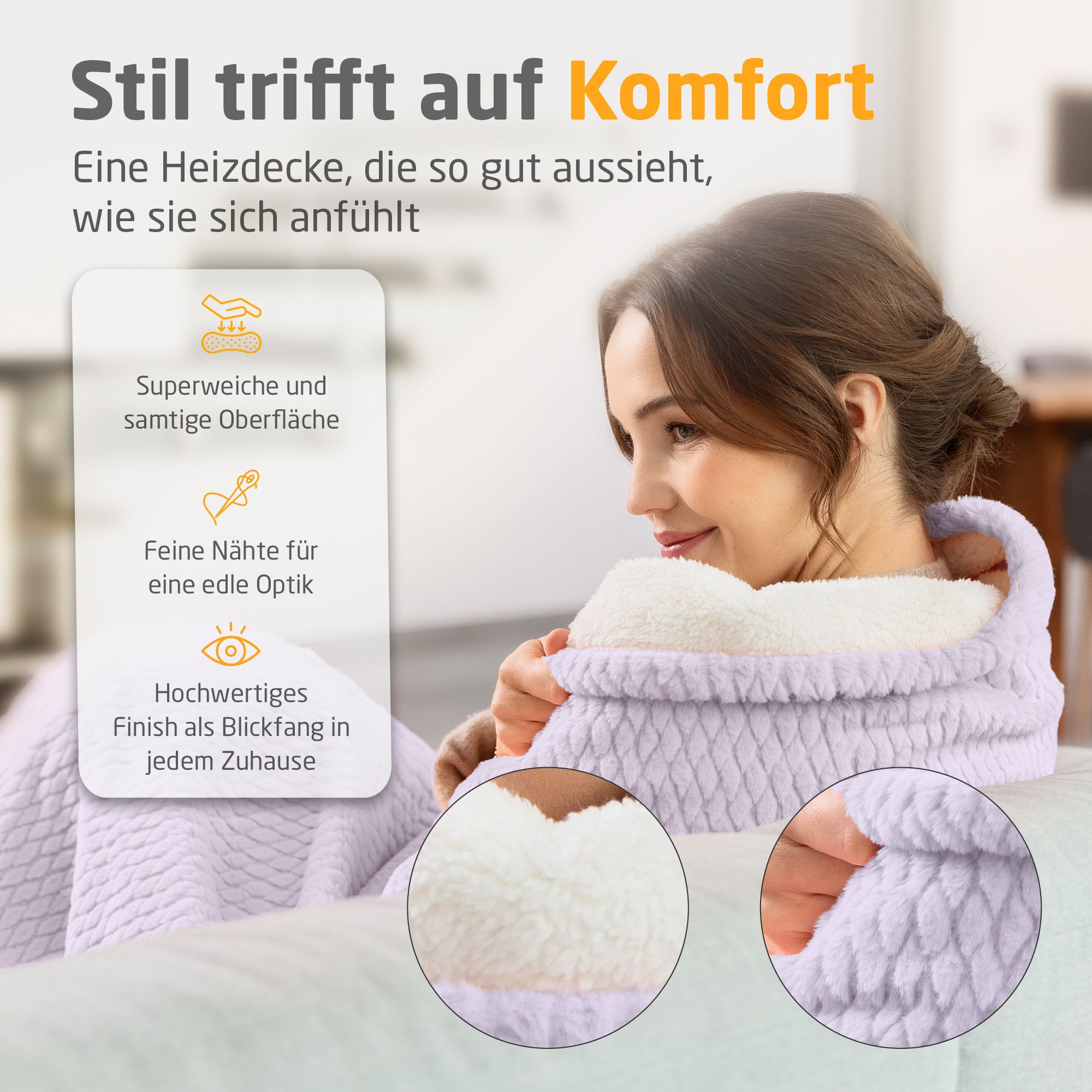 Femme avec couverture chauffante lilas clair. Surface douce. Coutures fines. Finition de qualité. Gros plans sur le matériau.