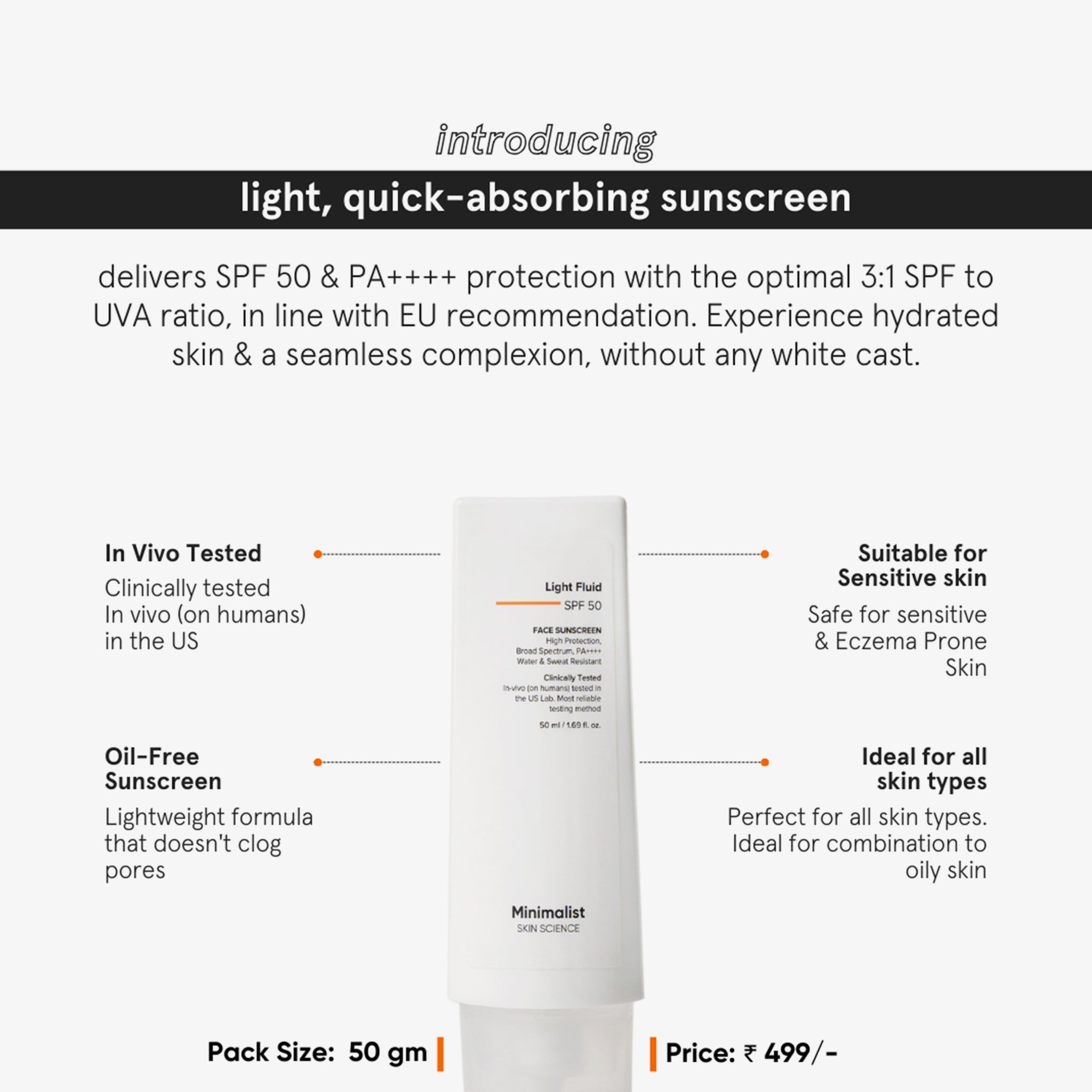 Producttube met tekst. Tekst: Light Fluid SPF 50. Geschikt voor gevoelige huid. Olievrije zonnebrandcrème.