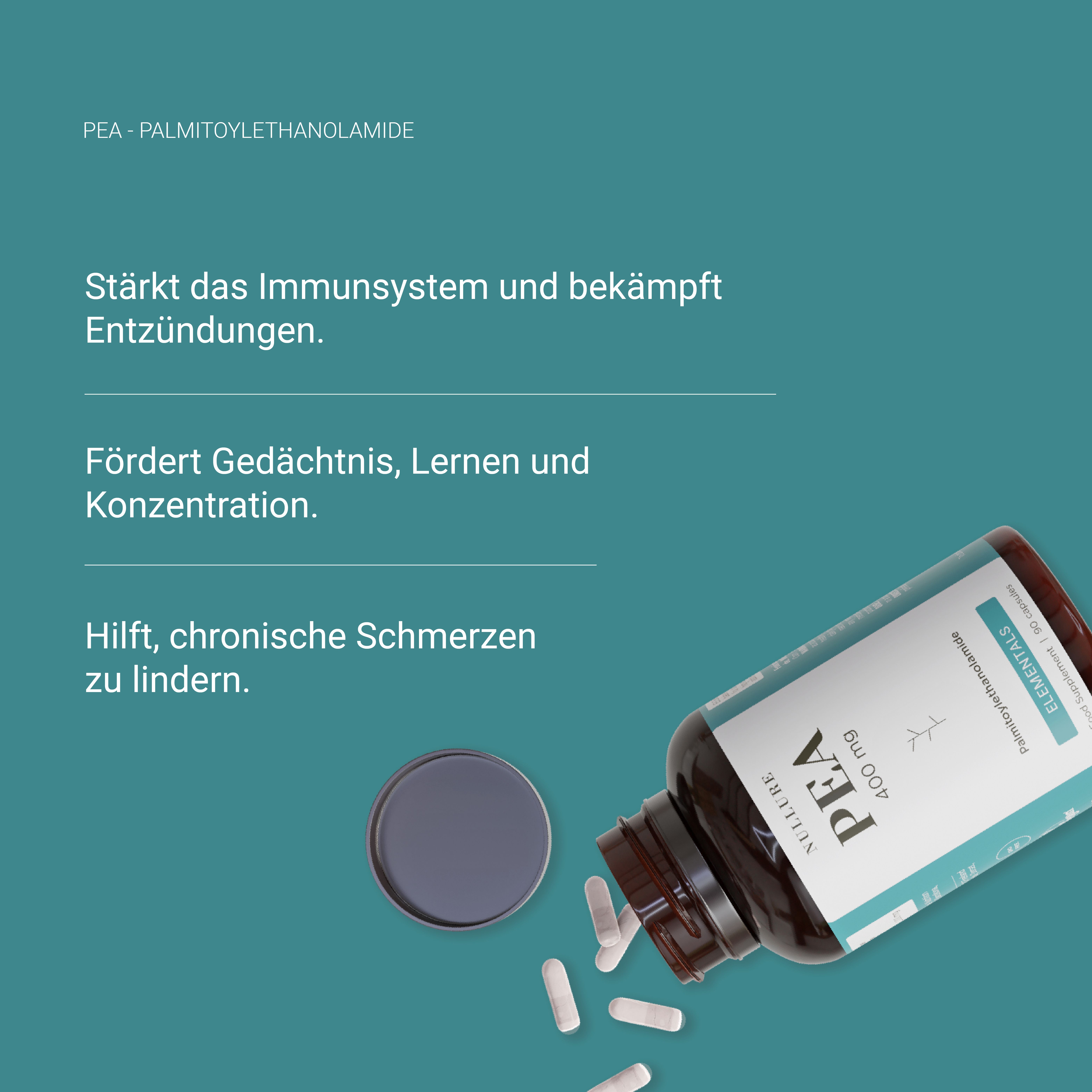 Bruine fles met PEA 400 mg capsules. Capsules verspreid. Tekst: Versterkt immuunsysteem, bevordert geheugen, verlicht pijn.