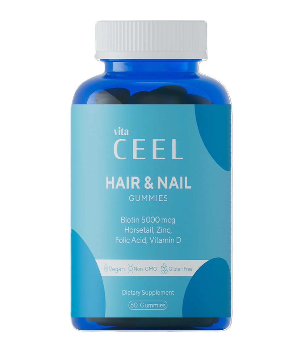 Bouteille VİTA CEEL Hair & Nail Gummies de 60 gommes. Contient biotine, zinc, acide folique, vitamine D.