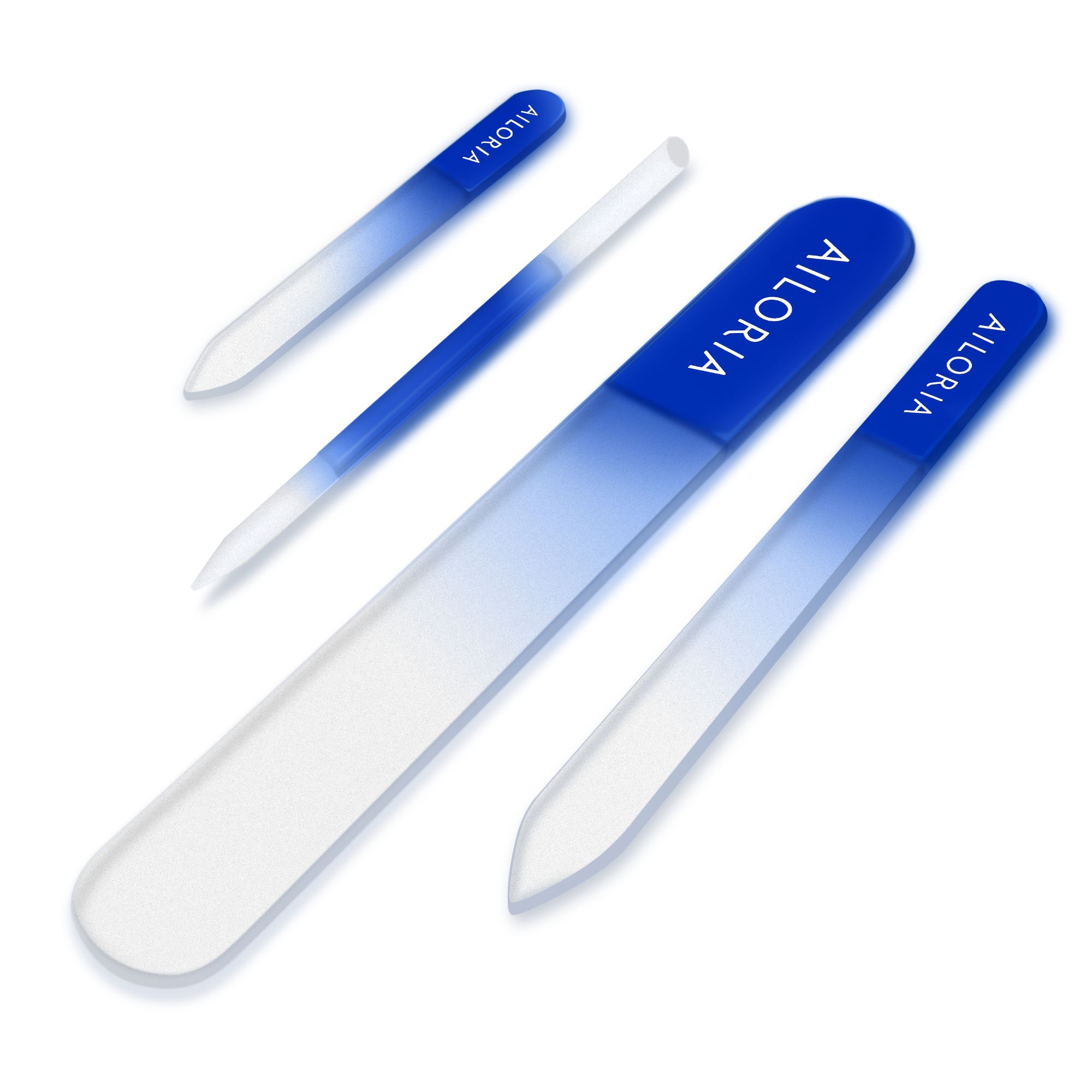 Vier glazen nagelvijlen met blauw-witte kleurovergang. AILORIA-logo op elke vijl. Verschillende vormen en maten.