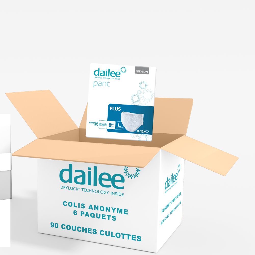 Carton ouvert avec paquets Dailee Pants Plus. 6 paquets par carton. 90 couches culottes.
