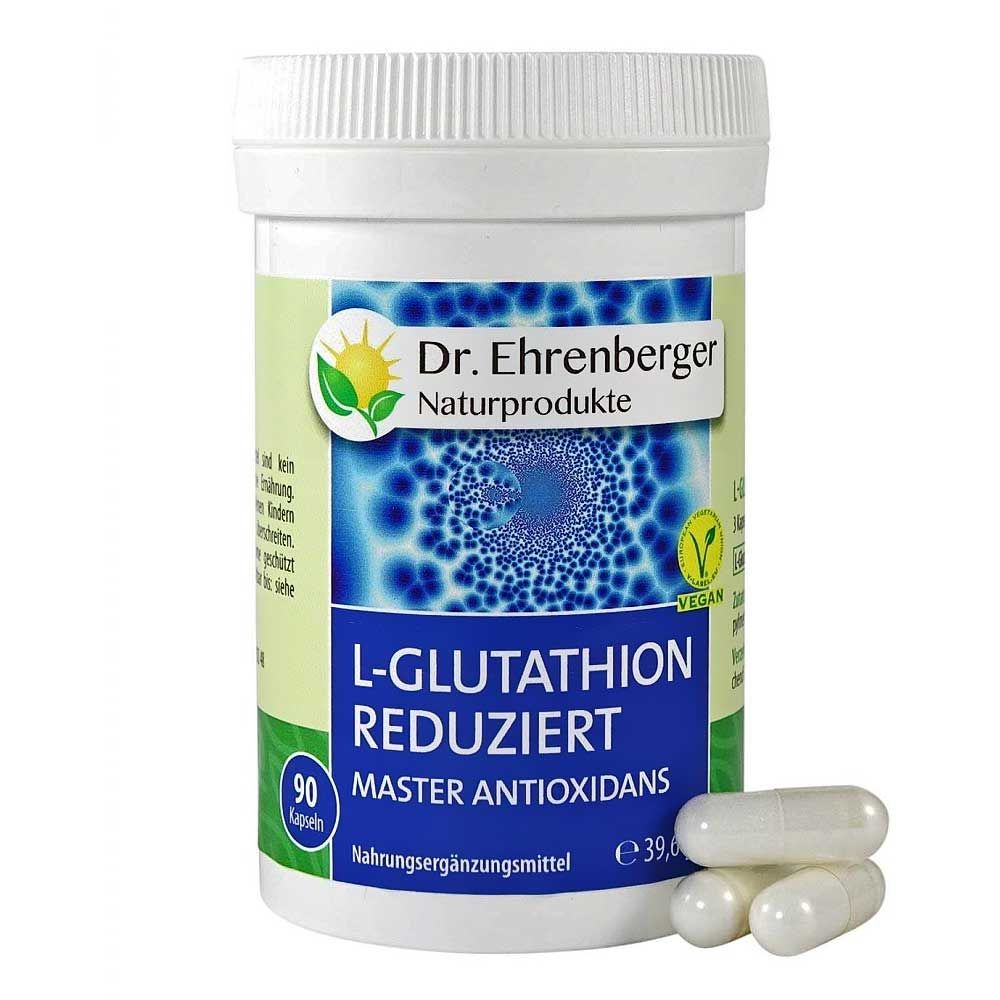 Flacon blanc avec capsules. Inscription : Dr. Ehrenberger, L-Glutathion réduit, 90 capsules, vegan.