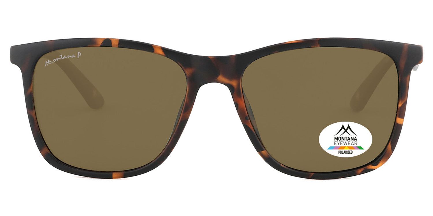 Lunettes de soleil marron avec monture à motif marron. Logo et nom de la marque visibles.