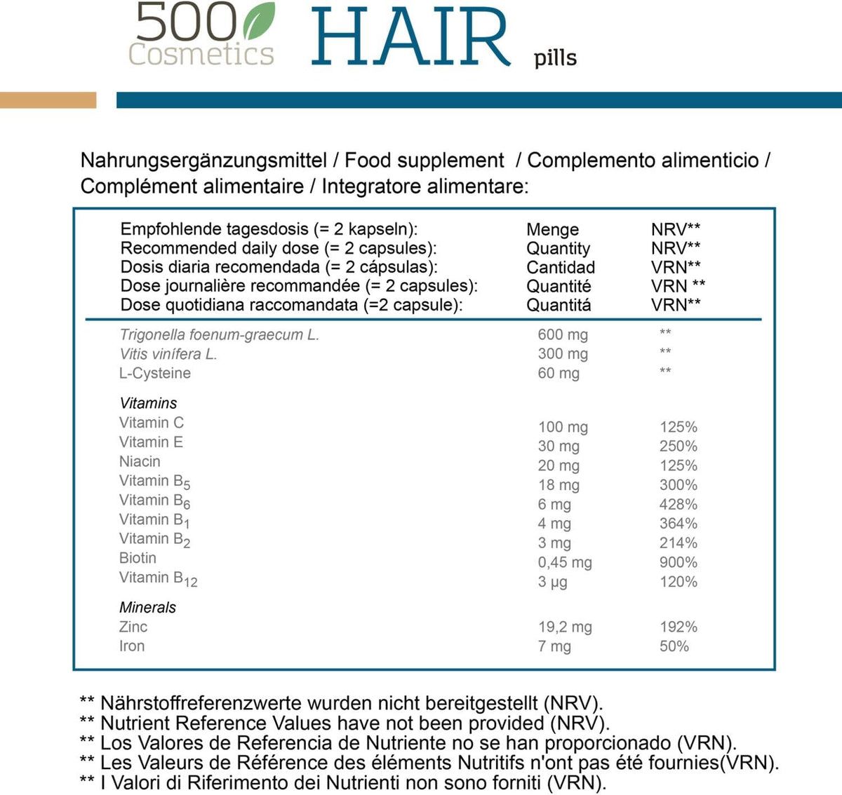 500Cosmetics comprimés Hair contre la chute des cheveux
