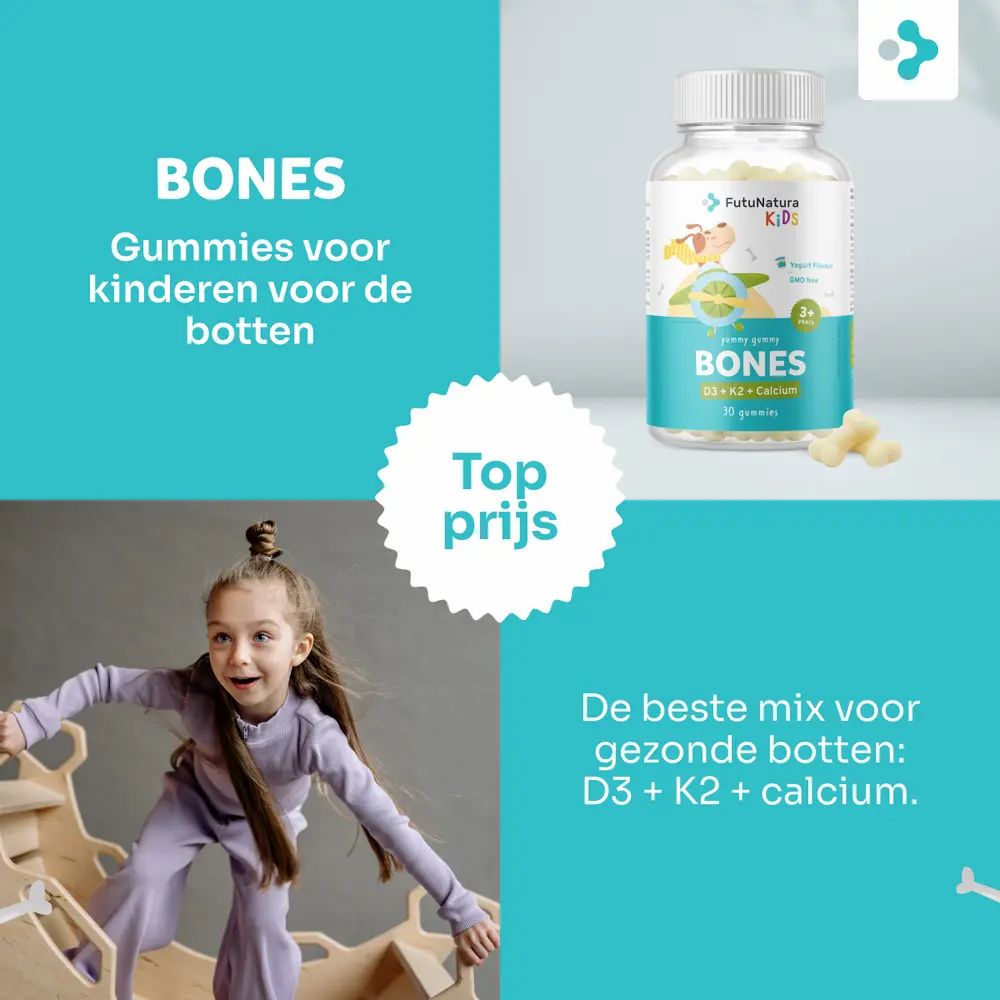 Kind op houten speelstructuur. Naast, fles FutuNatura Bones Gummies. Tekst: Gummies voor kinderen voor de botten.