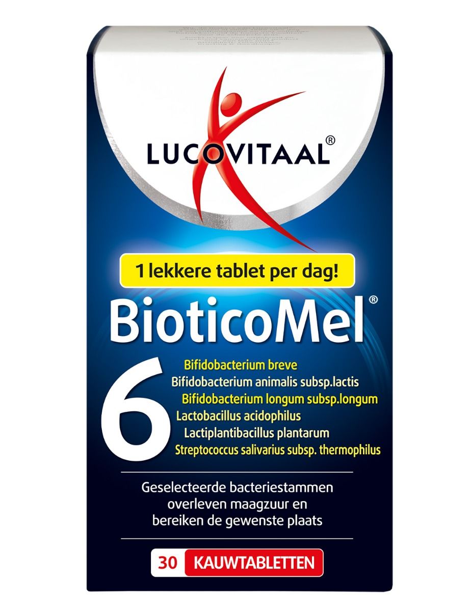 Verpakking "Lucovitaal BioticoMel" tabletten. Blauw-witte doos met productnaam en ingrediënten. 30 kauwtabletten.