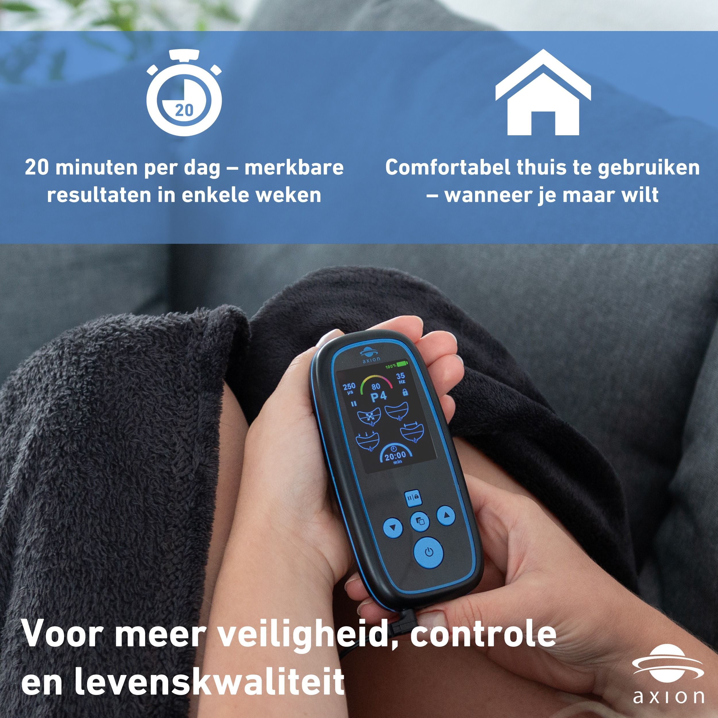 axion® I-3000-apparaat in handen. Persoon op bank. Tekst over veiligheid en levenskwaliteit.
