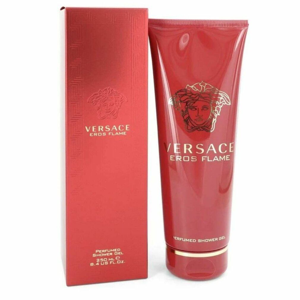 Rode tube en doos met gouden logo en opschrift Versace Eros Flame. Opschrift: Perfumed Shower Gel.