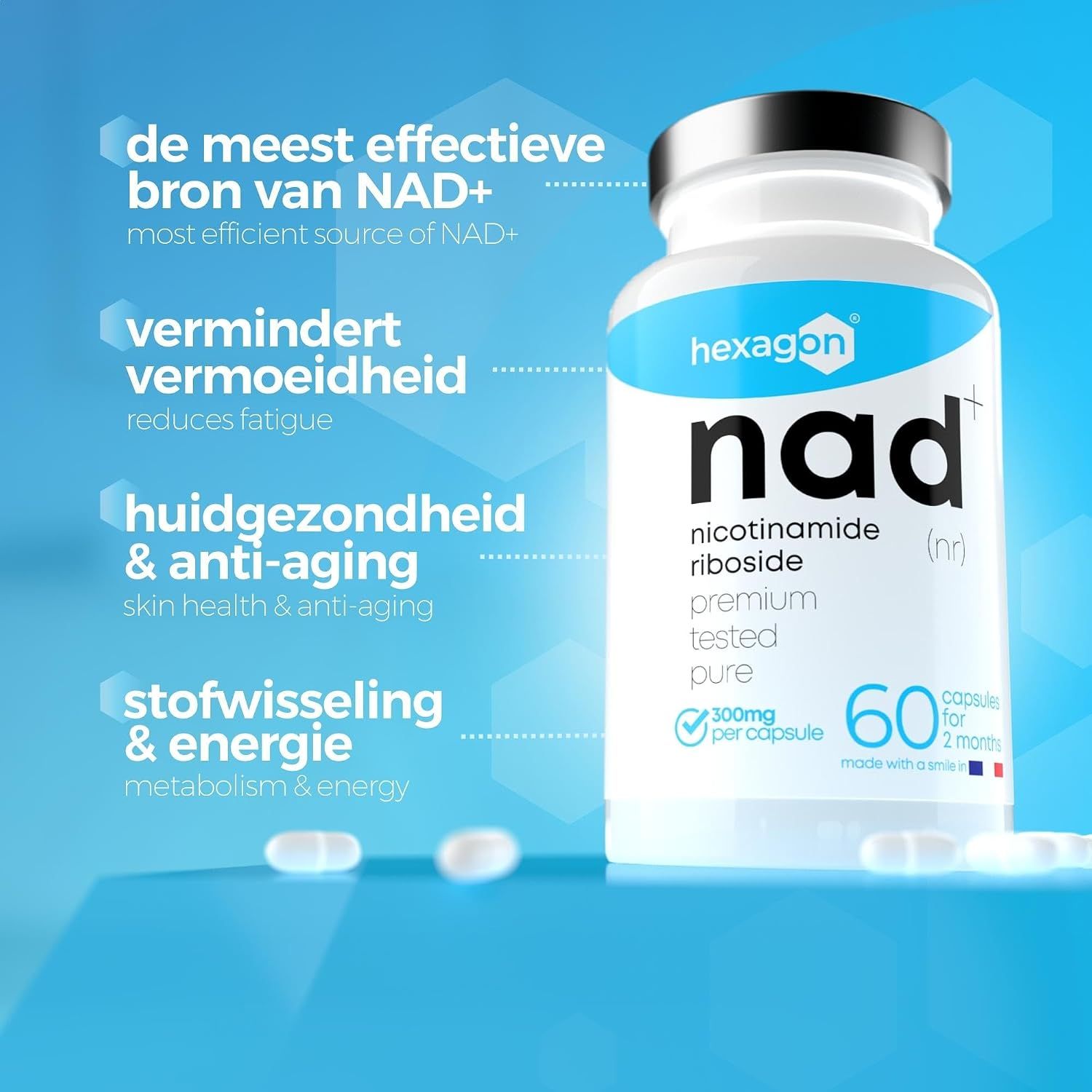 Fles met NAD+ capsules, 60 capsules, 300mg per capsule.