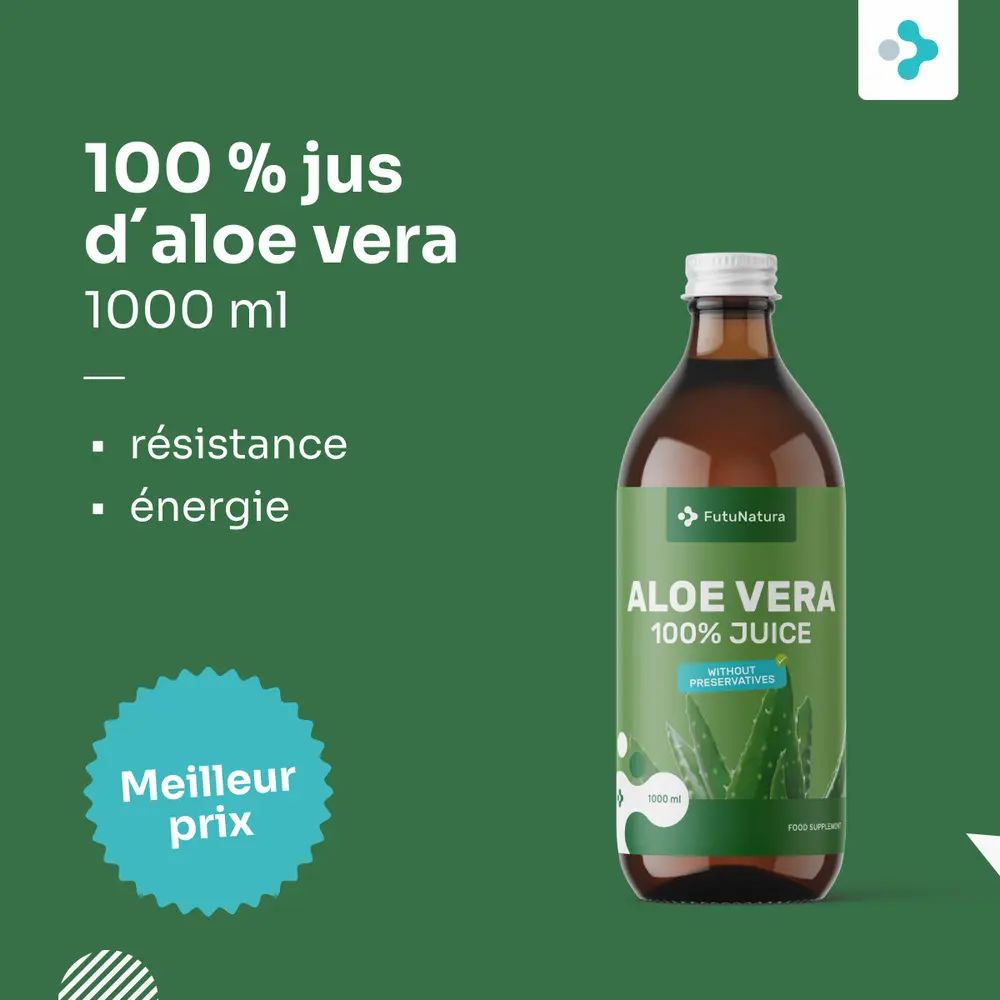 Bouteille en verre marron de jus d'aloe vera. Inscription : 100% jus d'aloe vera, 1000 ml.  Plus : résistance, énergie.