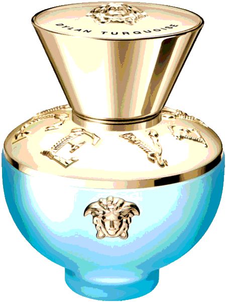 Turquoise fles met gouden dop. Versace-logo en opschrift Dylan Turquoise.