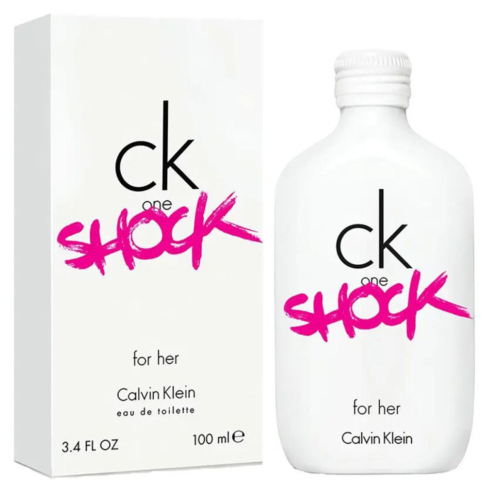 Witte parfumfles en verpakking. Opschrift: ck one shock for her. 3.4 FL OZ, 100 ml.