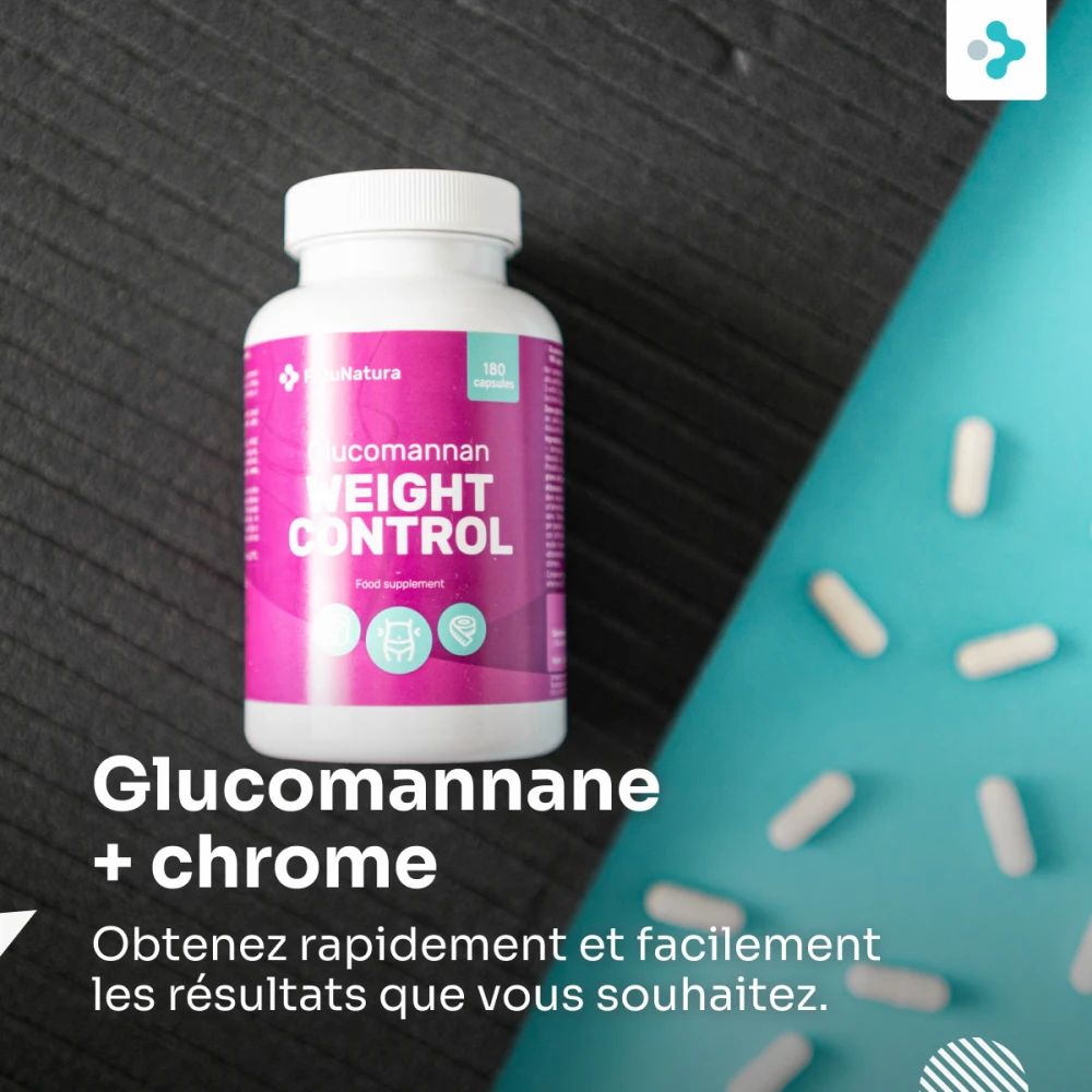 Flacon 'WEIGHT CONTROL' et gélules. Texte: 'Gluc. + chrome'.