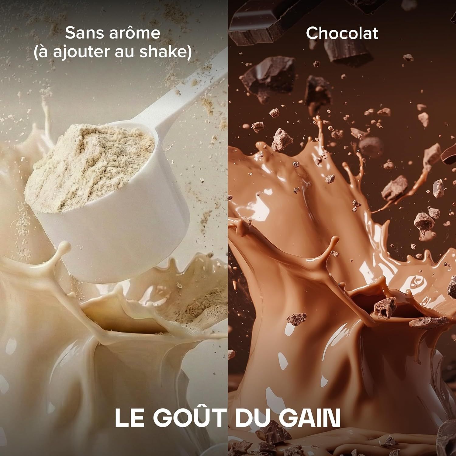 Une cuillère de poudre protéinée dans un liquide éclaboussé. Texte : 'Sans arôme (à ajouter au shake)'.
