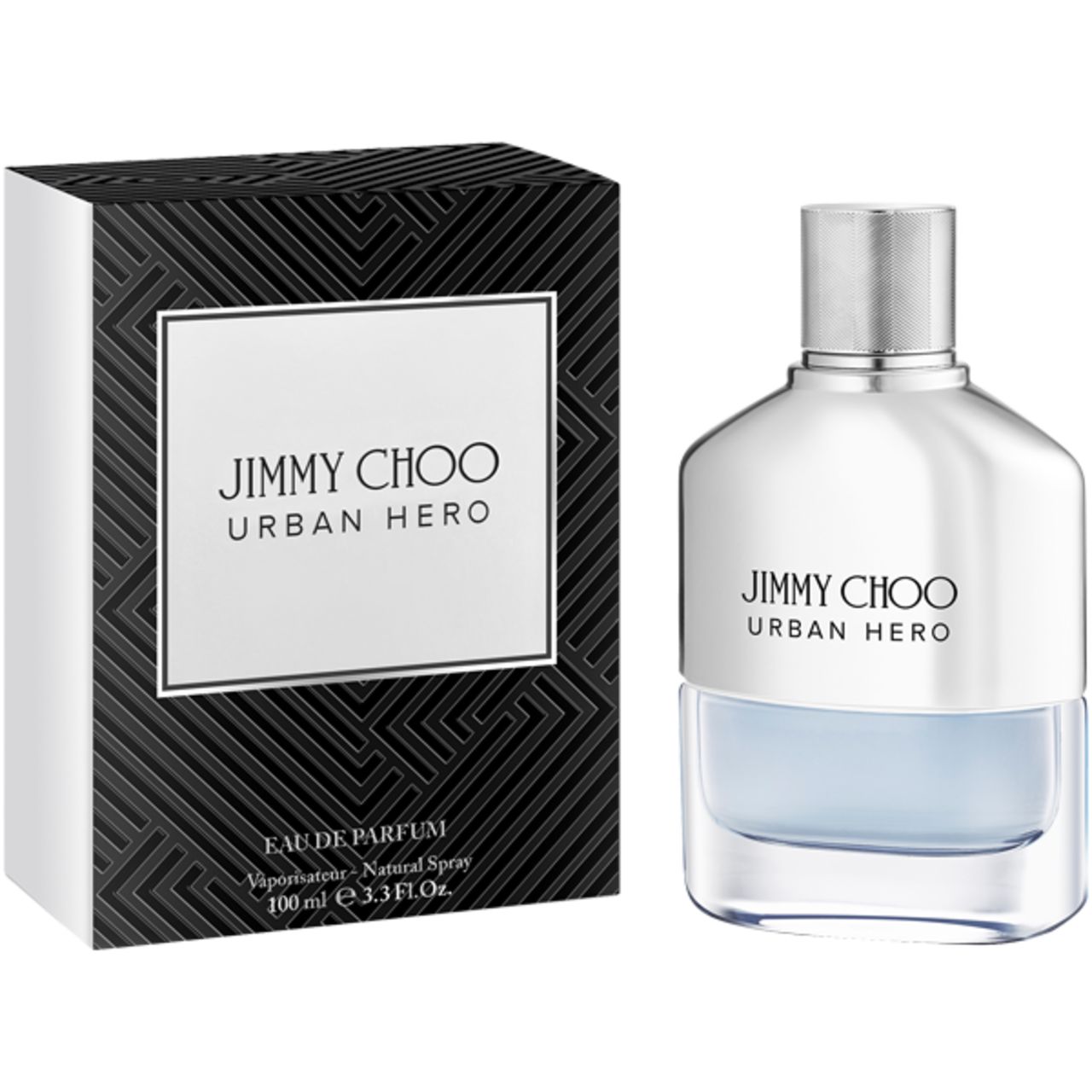 Parfumfles en doos. Fles: zilveren dop, witte body, blauwe bodem. Opschrift: JIMMY CHOO URBAN HERO.
