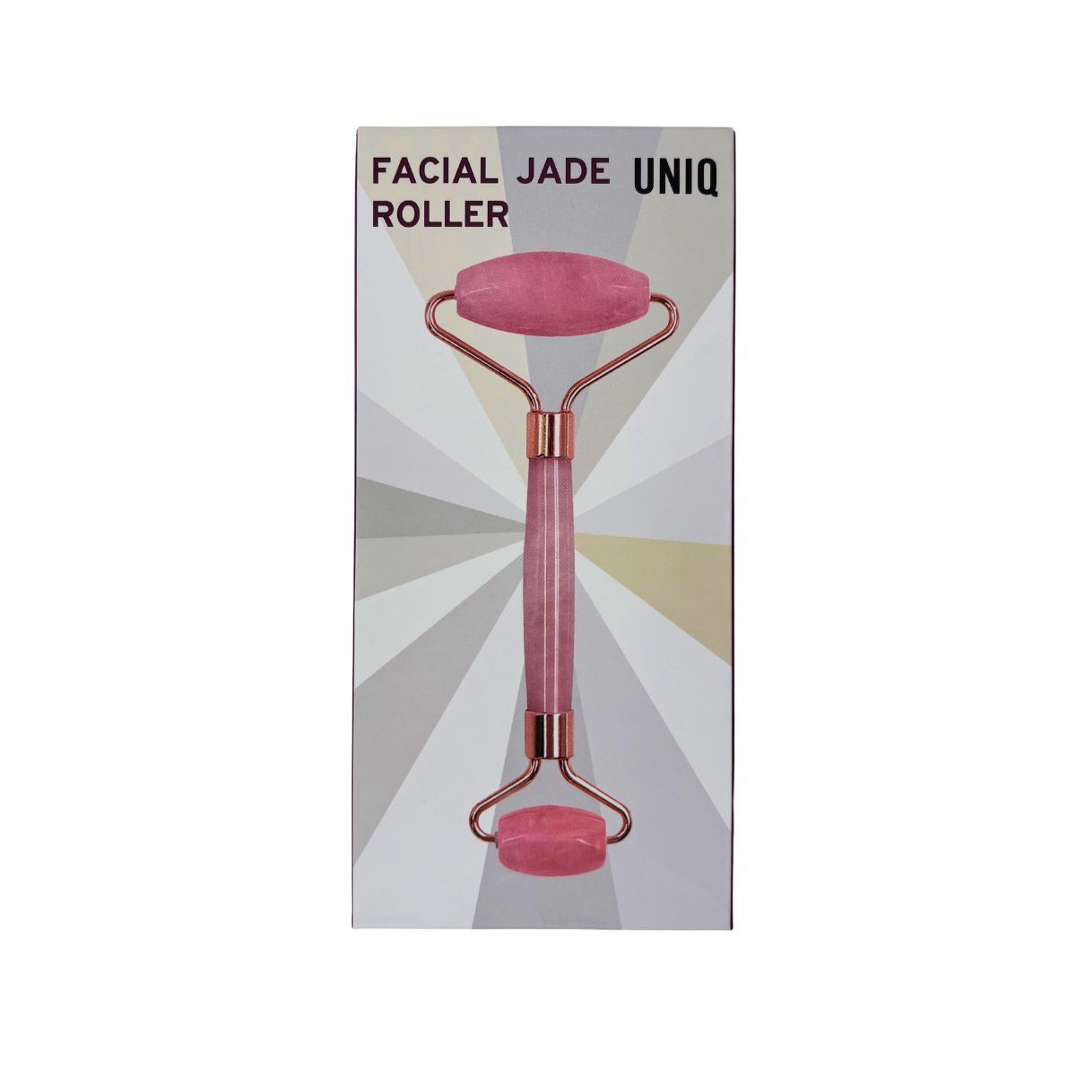 Rouleau facial en jade rose avec double rouleau et cadre doré.