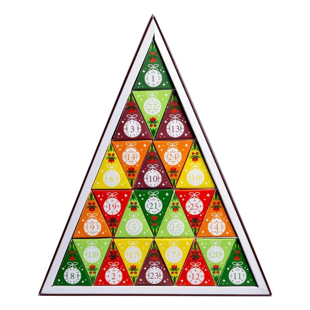Adventskalender in driehoekvorm met 25 piramidezakjes. Verschillende kleuren. Cijfers van 1-25.
