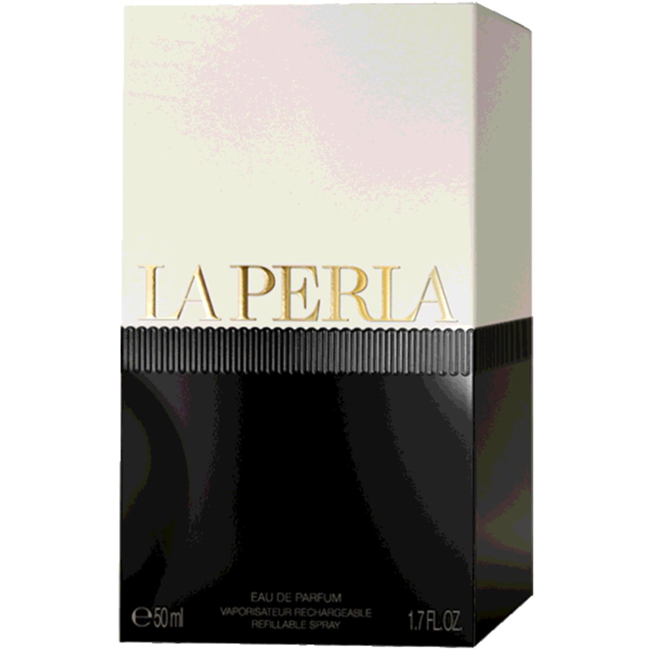 Boîte noire et blanche avec le texte doré LA PERLA. En bas, "EAU DE PARFUM" est visible.