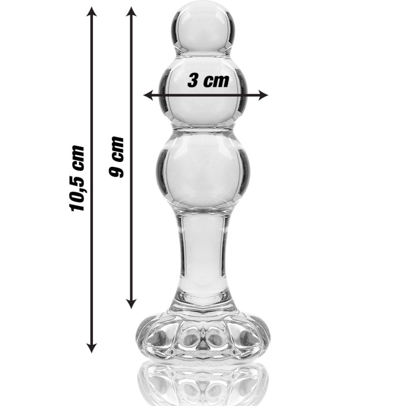 Transparante glazen anale plug met bolvormige versieringen. Lengte 10,5 cm, breedte 3 cm.