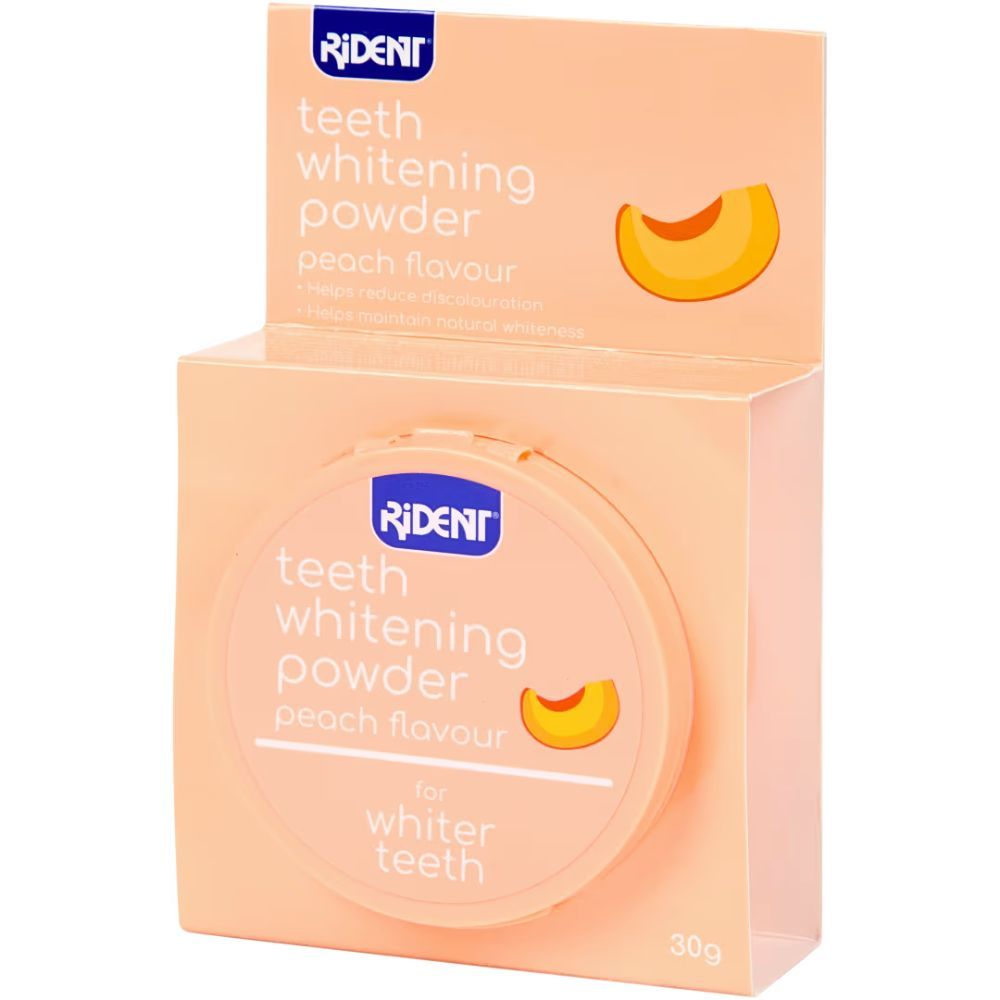 Tandbleekpoeder perzik smaak. Verpakking met productnaam, perzik illustratie en merk RIDENT.