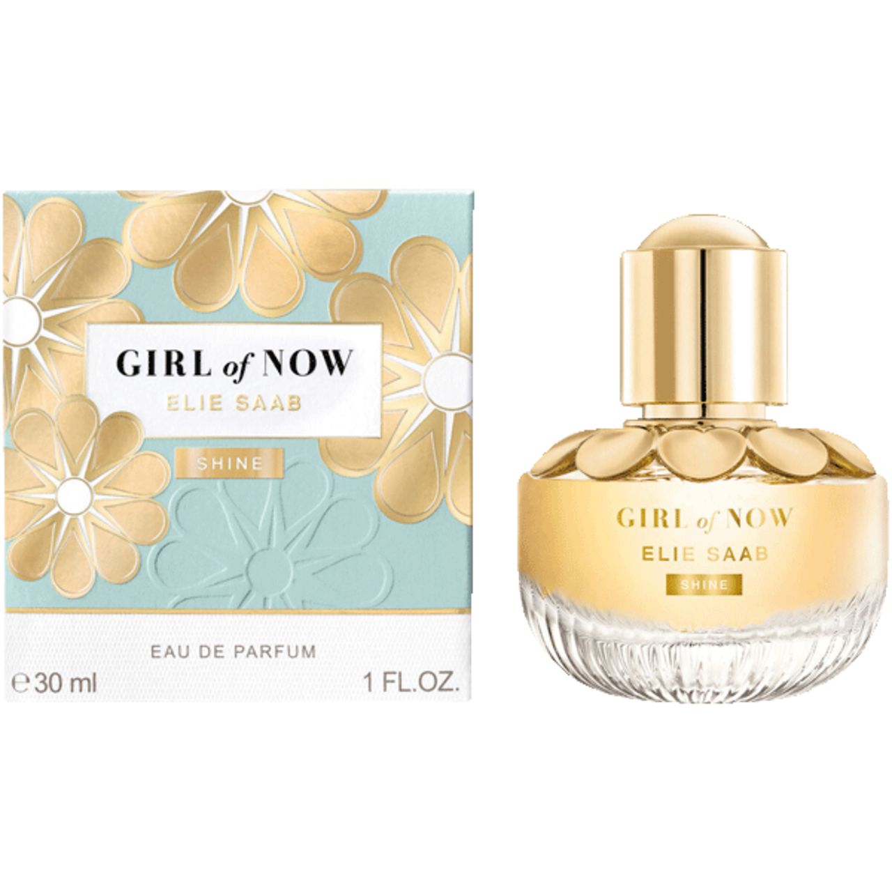 Flacon de parfum et boîte. Flacon avec bouchon doré et design floral. Boîte avec motif floral et nom du produit.