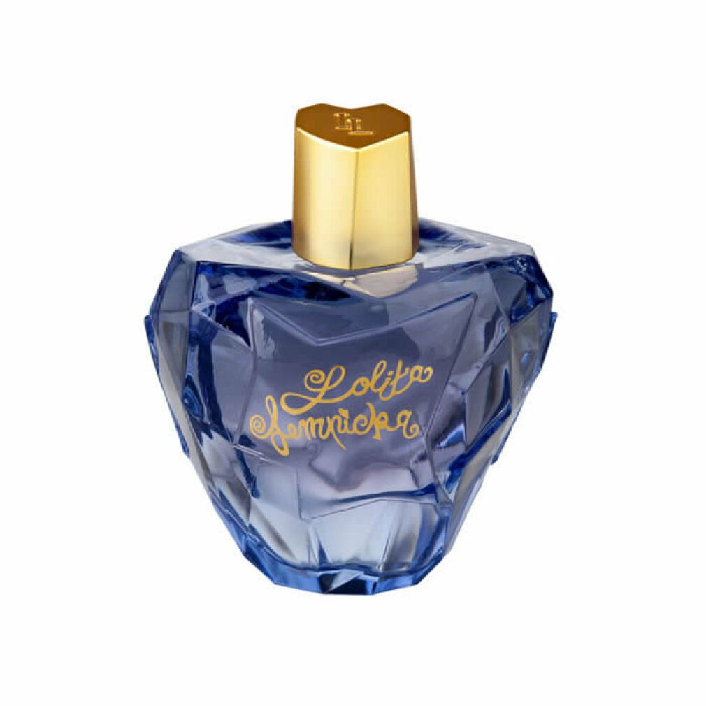 Blauwe fles met gouden dop. Opschrift "Lolita Lempicka". Geometrische vorm.