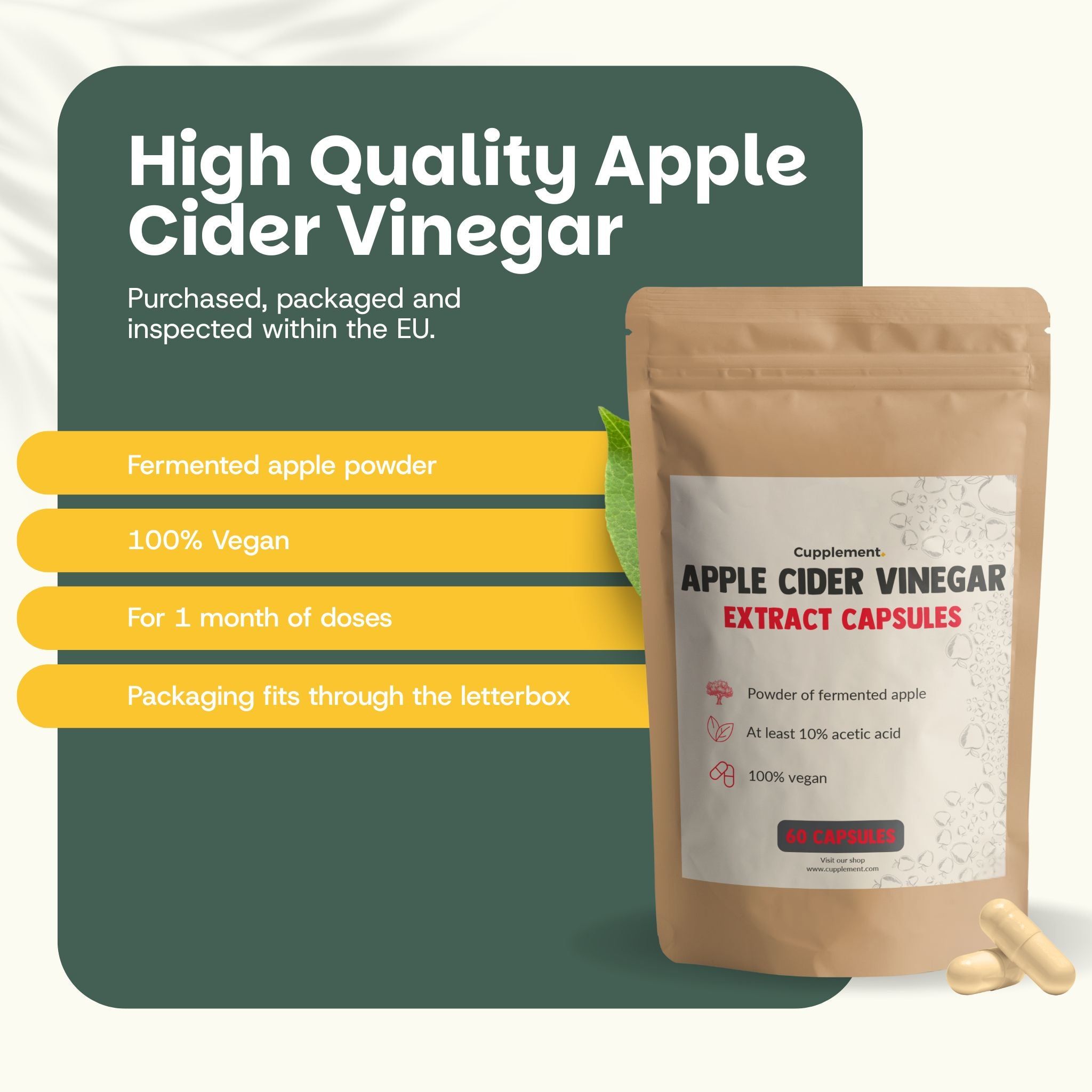 Publicité avec texte et sachet de capsules. Texte: Apple Cider Vinegar Extract Capsules. Capsules à côté.
