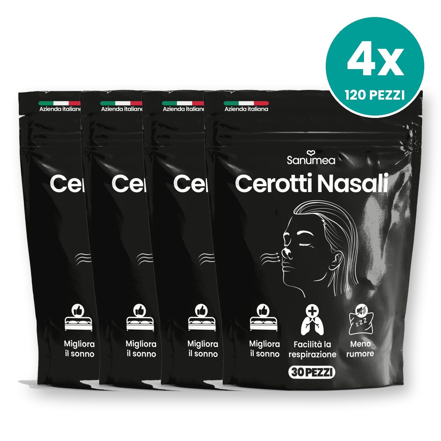 4 paquets de patchs nasaux, 120 pièces au total. Améliore le sommeil, facilite la respiration, réduit le bruit.