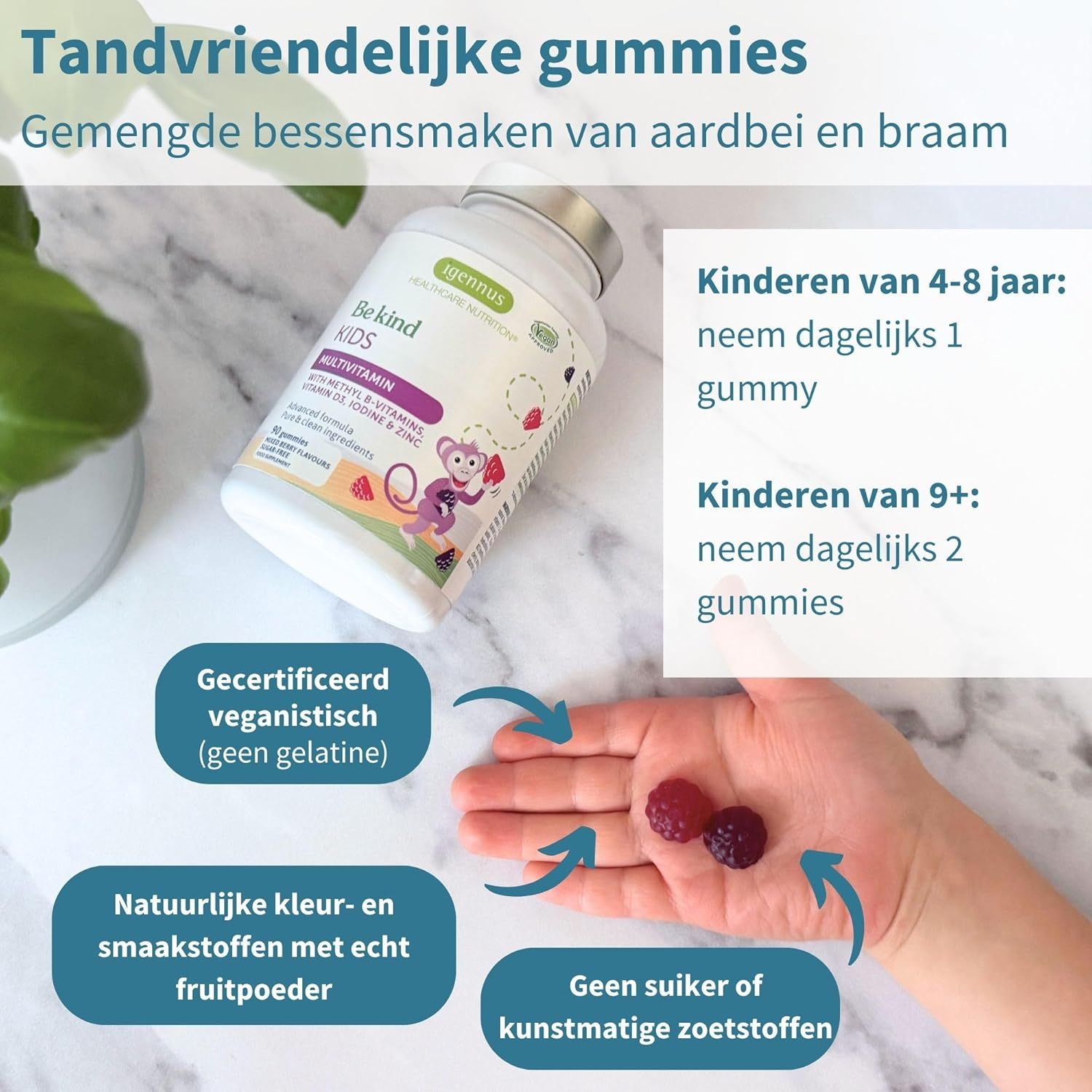 Tandvriendelijke multivitaminengummies met bessensmaak: info over suiker, kleur, aroma.
