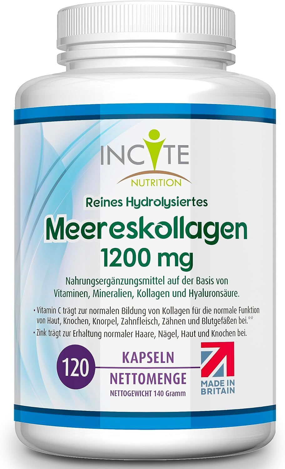 Witte fles capsules met blauw-groen label. "Meereskollagen 1200 mg" en "120 Kapseln" zijn zichtbaar.