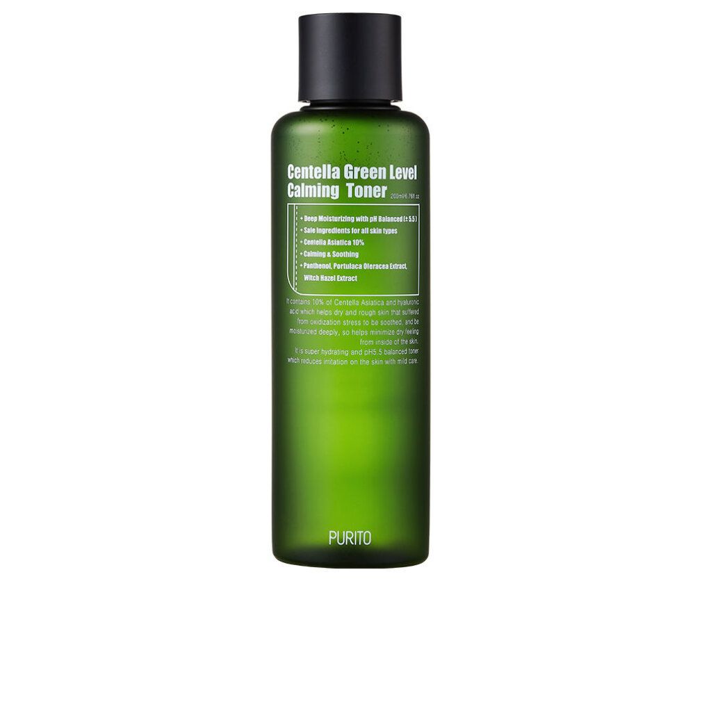 Groene fles met zwarte dop. Opschrift: Centella Green Level Calming Toner. Bevat informatie over ingrediënten.