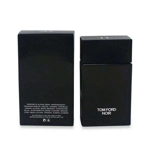 Flacon noir et emballage noir. Inscription TOM FORD NOIR en blanc. Texte sur l'emballage.