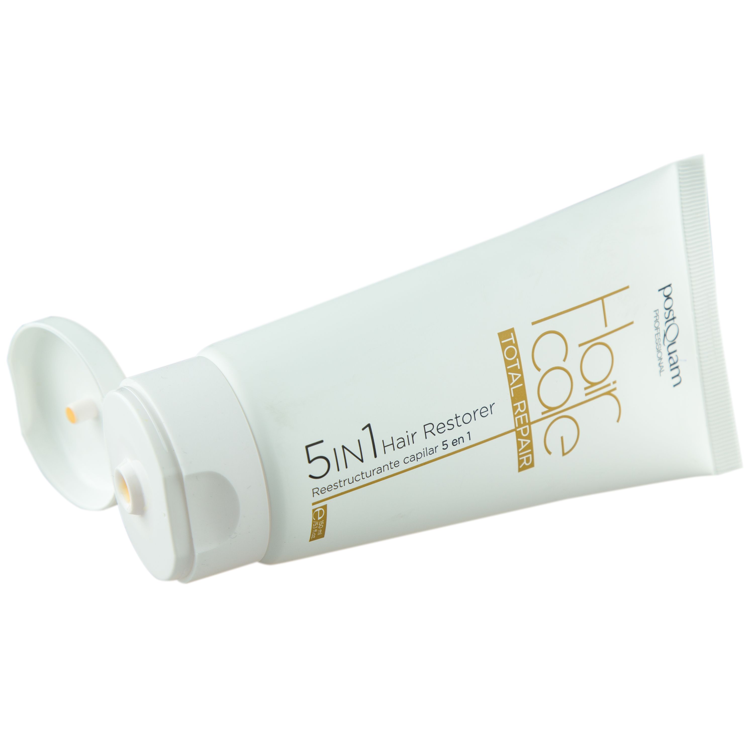 Witte tube met open dop. Tekst: Hair Care Total Repair, 5 in 1 Hair Restorer. Merk: Postquam.