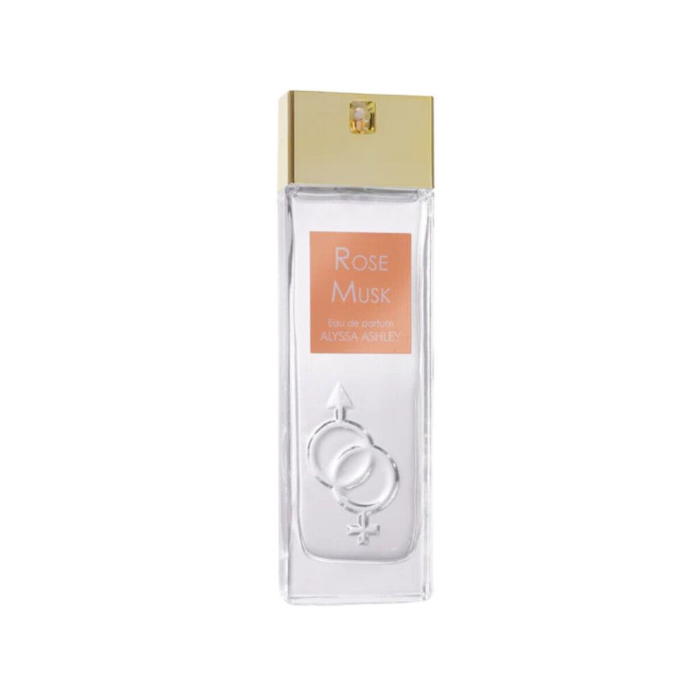 Rechthoekige fles met gouden dop. Label met "Rose Musk" en "Alyssa Ashley". Daaronder, verstrengelde symbolen.