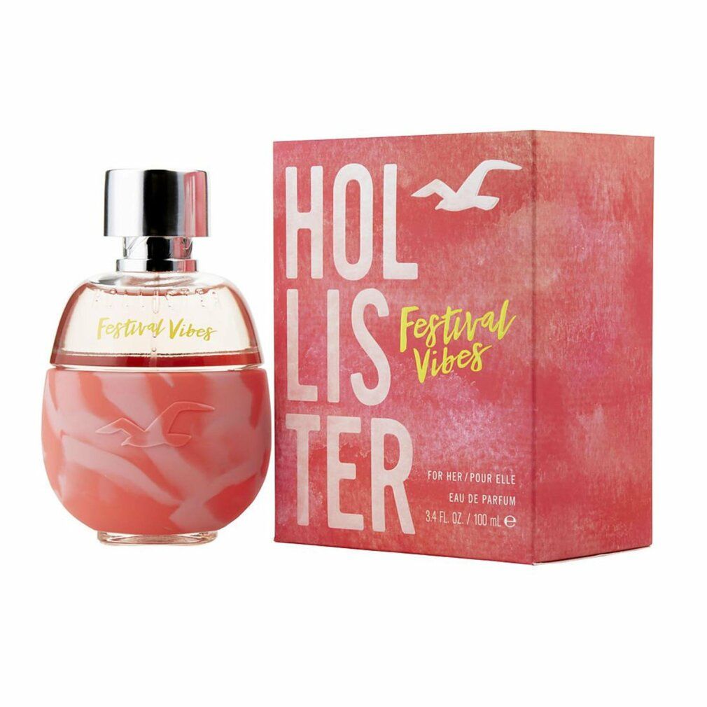 Fles en doos. Opschrift: Hollister Festival Vibes. Fles met zilveren dop. Doos ernaast.