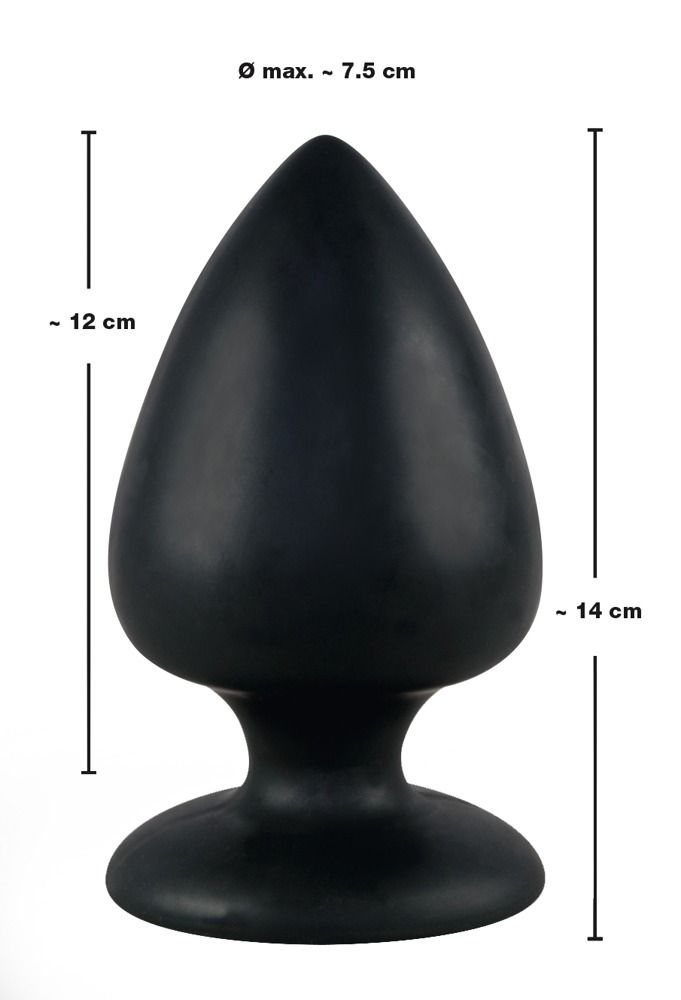 Zwarte siliconen anale plug: lengte ca. 14 cm, maximale diameter ca. 7,5 cm.
