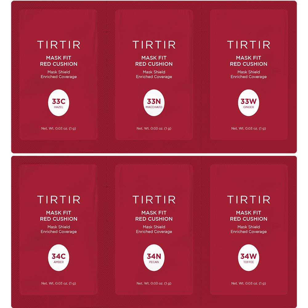 Zes rode TIRTIR Mask Fit Red Cushion individuele verpakkingen. Tekst: Mask Fit Red Cushion, Mask Shield Enriched Coverage. Kleurvariaties: 33C, 33N, 33W, 34C, 34N, 34W.