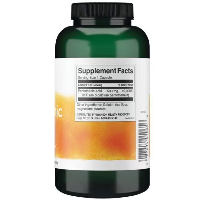 Dos de la bouteille verte. Étiquette blanche avec informations nutritionnelles. Contient de l'acide pantothénique 500 mg.