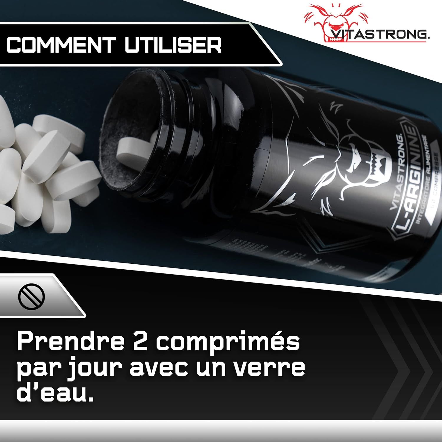 Étiquette Vitastrong L-Arginine + Vitamine B6. Contient 120 comprimés. Fond noir avec texte et logo.